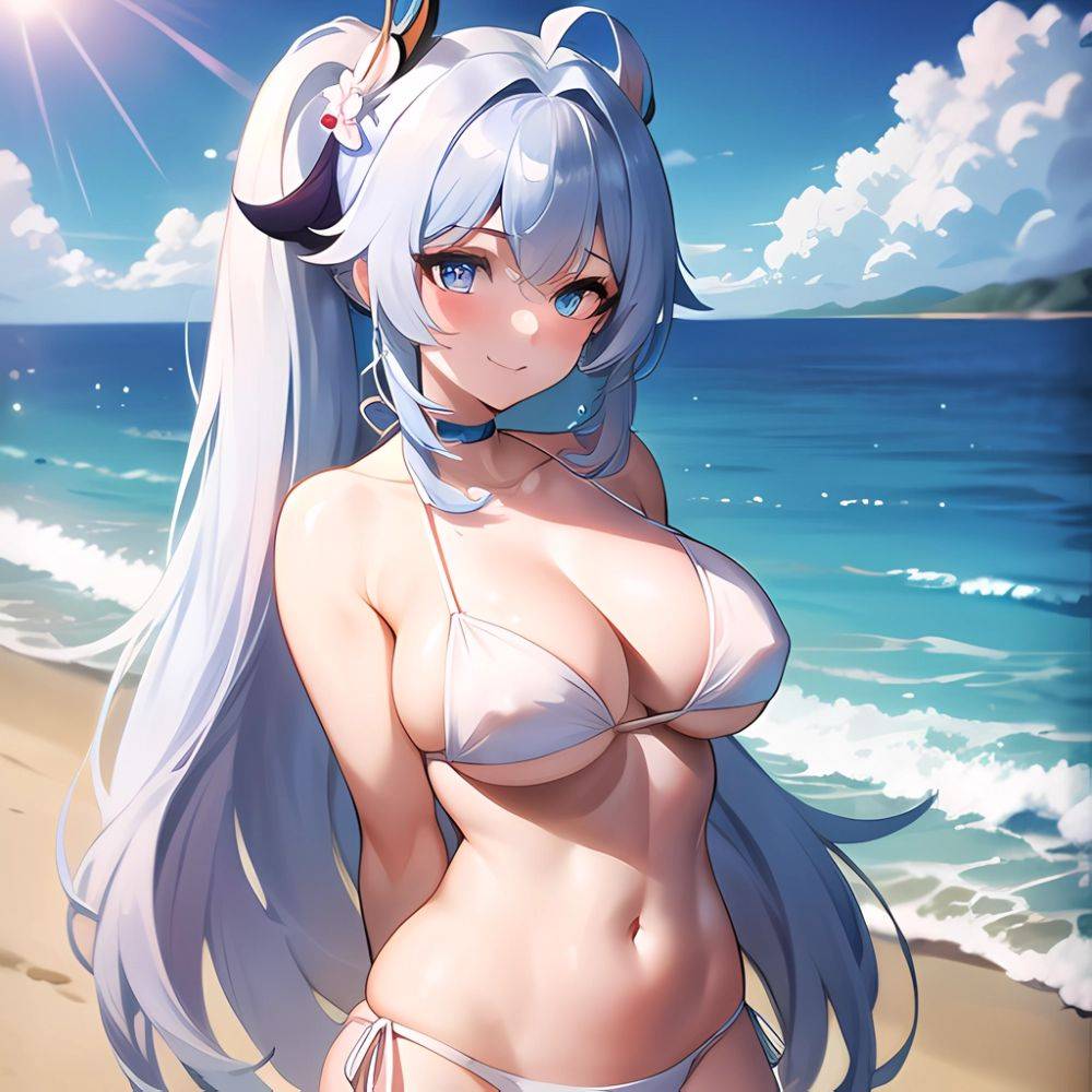 1girl Absurdres Bare Shoulders Beach Bikini Blue Eyes Blue Sky Blush Braid Braided Ponytail Breasts Cleavage Collarbone Genshin, 3493913755 - AIHentai - #main