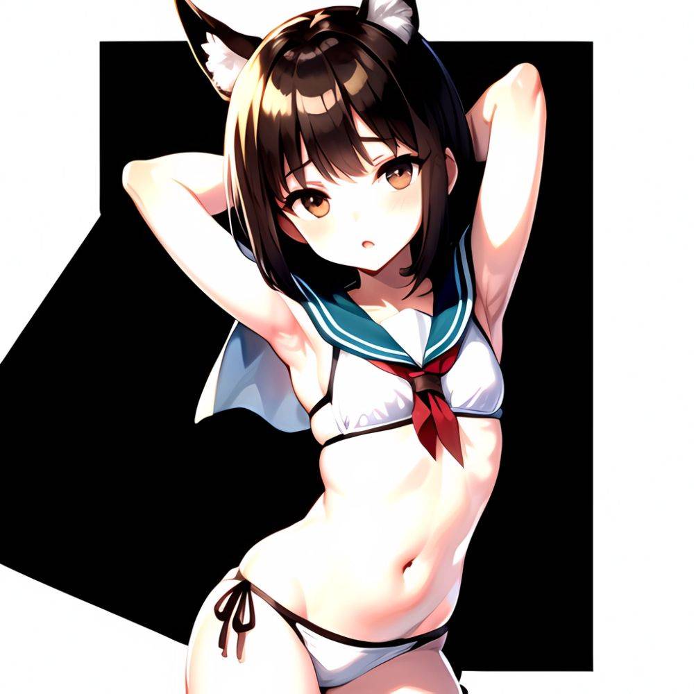 1girl Arms Up Arms Behind Head Bikini Bob Cut Brown Eyes Brown Hair Commentary Request Cosplay Cowboy Shot Flat Chest, 337167829 - AIHentai - #main