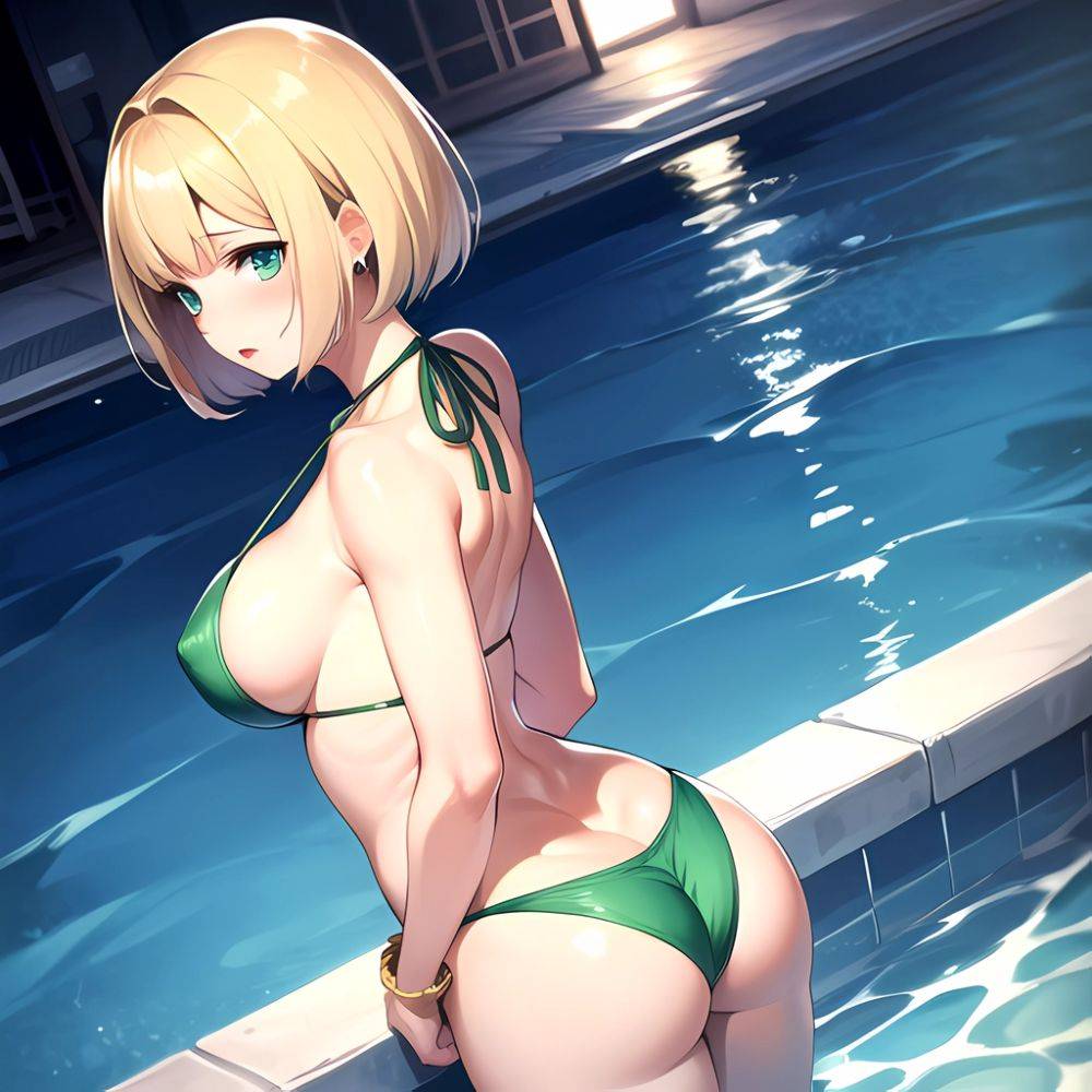 1girl Armpits Arms Game Ass Bikini Blonde Hair Bob Cut Bracelet Breasts Butt Crack Covered Erect Nipples Green Bikini Green, 2387762316 - AIHentai - #main