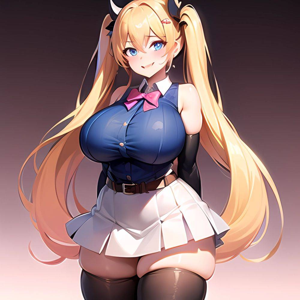 1girl Aymusk Belt White Skirt Blonde Hair Blue Eyes Blush Bow Bowtie Breasts Curvy Elbow Gloves Fang Gloves Gradient Background, 3937355141 - AIHentai - #main