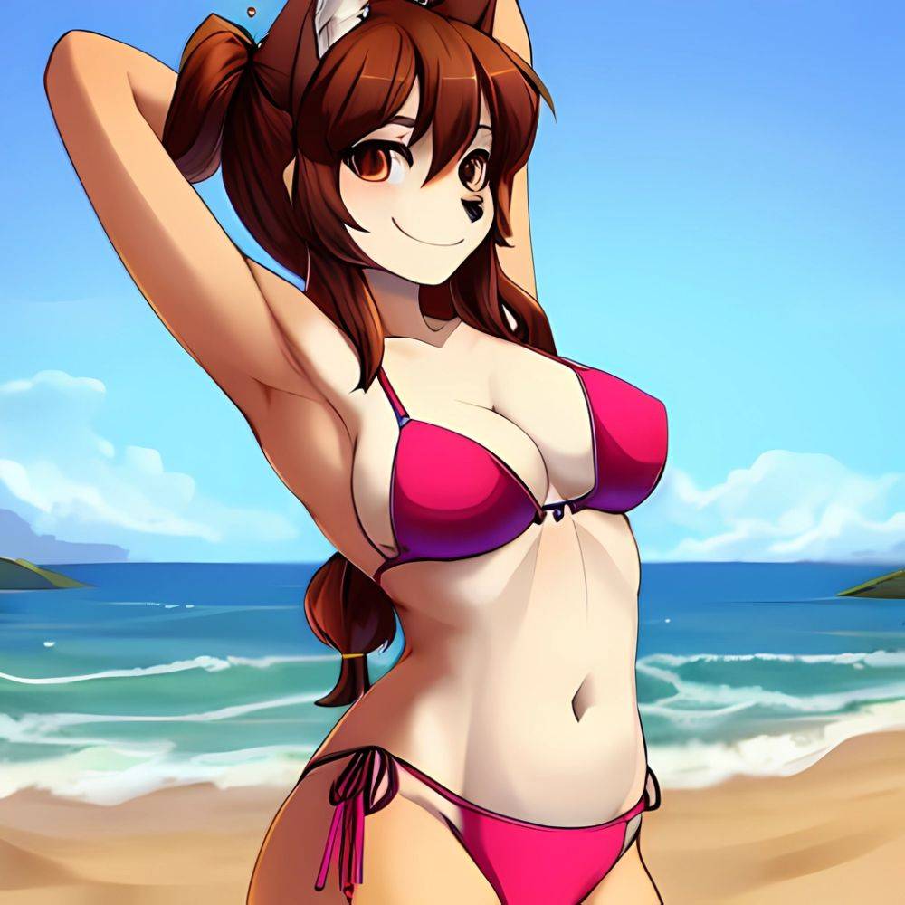 1girl Armpits Arms Behind Head Bikini Brown Eyes Brown Hair Cowboy Shot Dot Nose Flat Chest From Side Hair Ornament, 2754649017 - AIHentai - #main