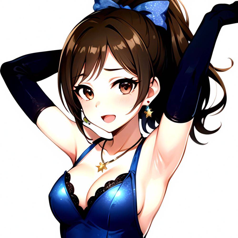 1girl Absurdres Armpits Arms Up Ayase Honoka Black Gloves Blue Bow Blue Dress Blush Bow Breasts Brown Eyes Brown Hair, 3328602324 - AIHentai - #main