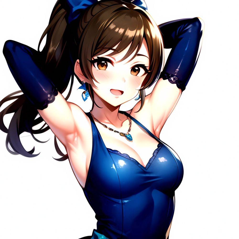1girl Absurdres Armpits Arms Up Ayase Honoka Black Gloves Blue Bow Blue Dress Blush Bow Breasts Brown Eyes Brown Hair, 1814026129 - AIHentai - #main
