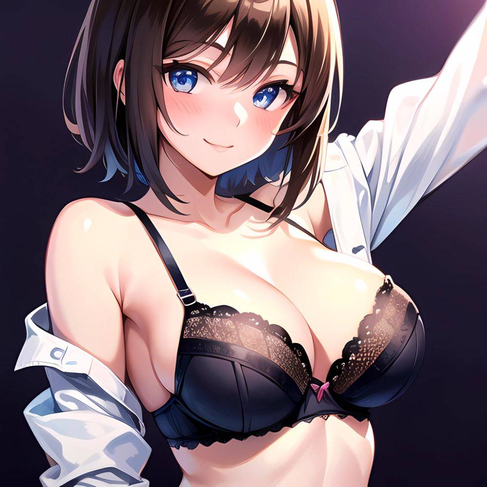 1girl Ai Generated Blue Eyes Blush Breasts Brown Hair Highres Large Breasts Light Smile Looking At Viewer Purple Background Shor, 2199974247 - AIHentai - #main