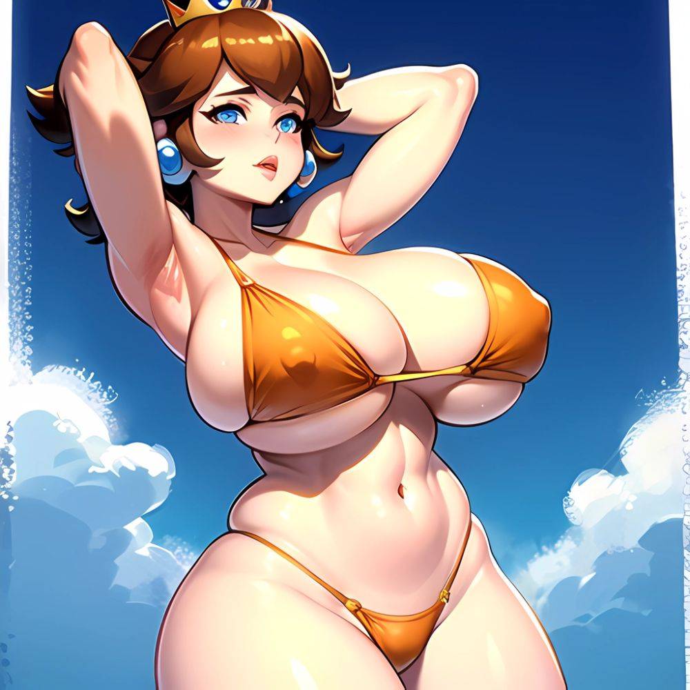 1girl Areola Slip Armpits Arms Behind Head Bikini Blue Eyes Blush Breasts Brown Hair Cleavage Huge Breasts Legs Mario Series, 2157368641 - AIHentai - #main