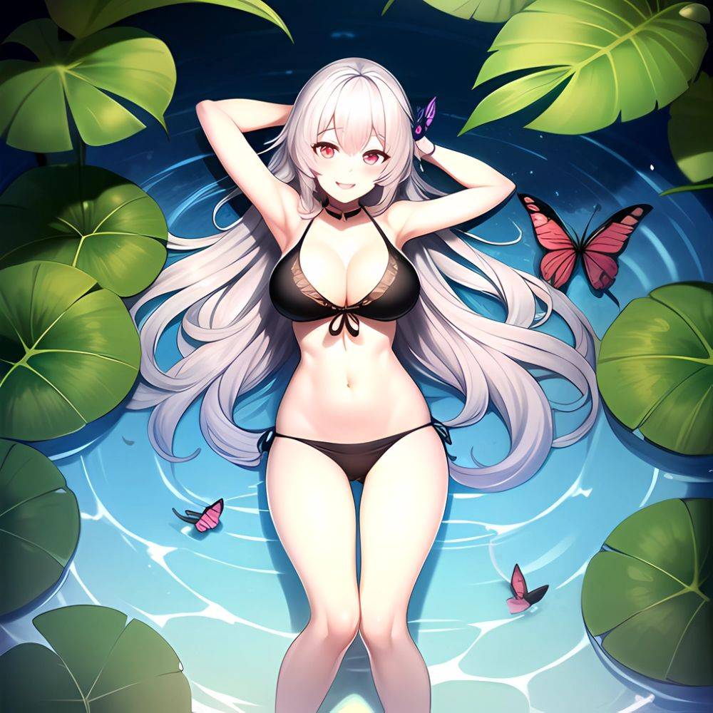 1girl D Bare Arms Bare Shoulders Bikini Black Bikini Breasts Bug Butterfly Butterfly Hair Ornament Choker Cleavage Feet Out Of, 707674360 - AIHentai - #main