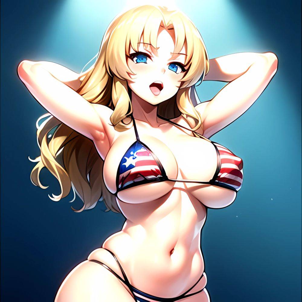 1girl American Flag Bikini Armpits Arms Behind Head Bikini Blonde Hair Blue Eyes Blush Breasts Covered Erect Nipples Flag Print, 1904592428 - AIHentai - #main