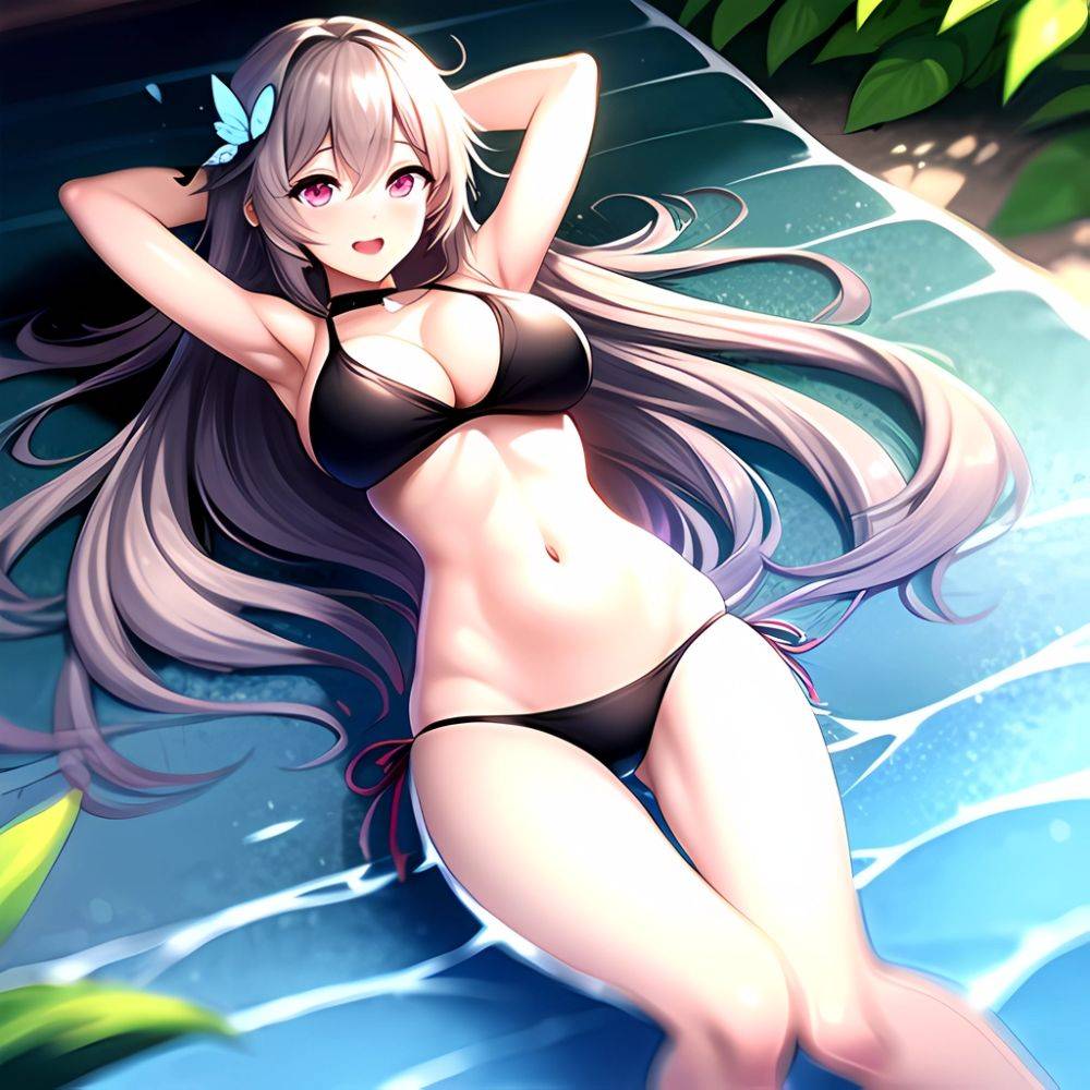 1girl D Bare Arms Bare Shoulders Bikini Black Bikini Breasts Bug Butterfly Butterfly Hair Ornament Choker Cleavage Feet Out Of, 1563876841 - AIHentai - #main