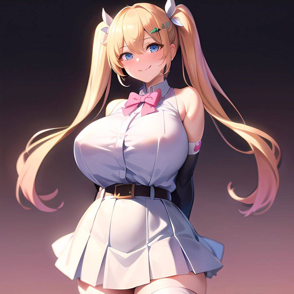 1girl Aymusk Belt White Skirt Blonde Hair Blue Eyes Blush Bow Bowtie Breasts Curvy Elbow Gloves Fang Gloves Gradient Background, 3528470901 - AIHentai - #main