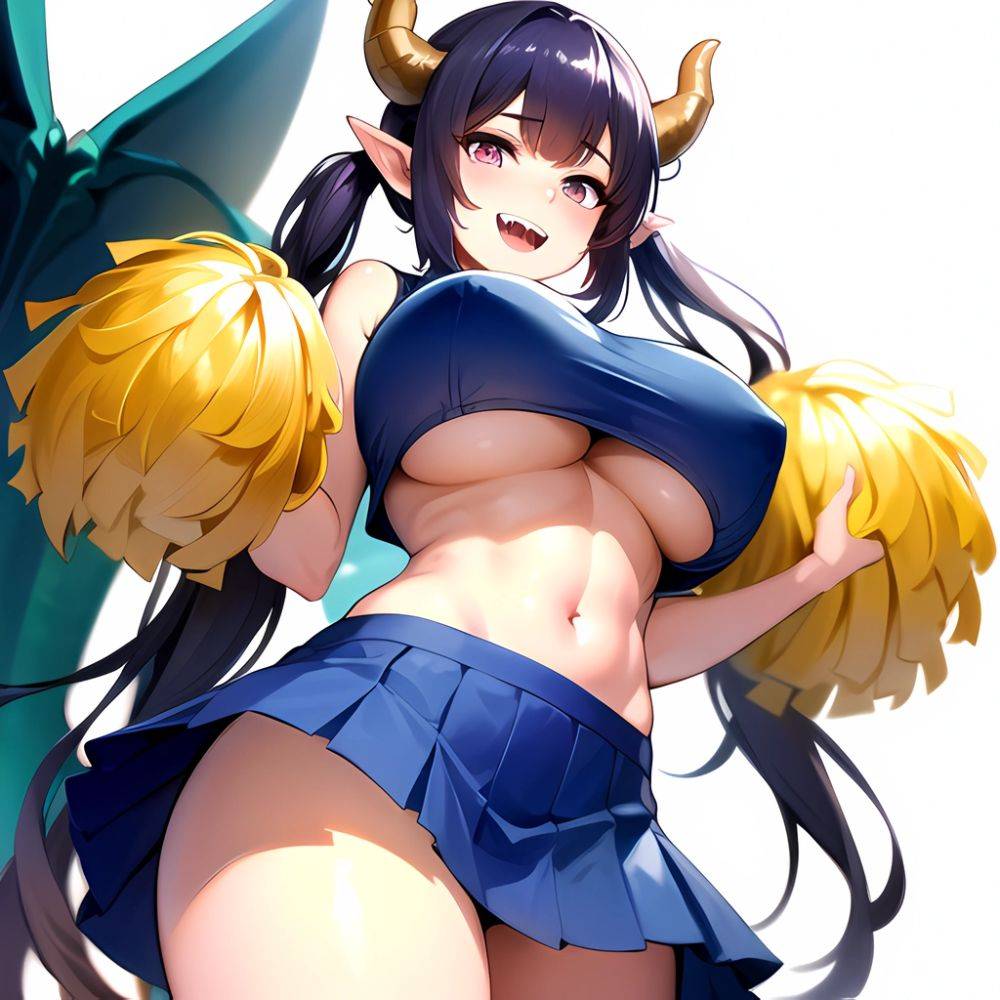 1girl Absurdres Blue Skirt Bluefrok Breasts Cheerleader Dragon Girl Dragon Horns Highres Holding Holding Pom Poms Horns Huge Bre, 2411256110 - AIHentai - #main