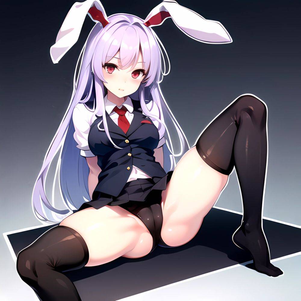 Ai Assisted Breasts Highres Medium Breasts Red Eyes Reisen Udongein Inaba Sitting Spread Legs Touhou Arms Behind Back Double Whi, 3610824211 - AIHentai - #main