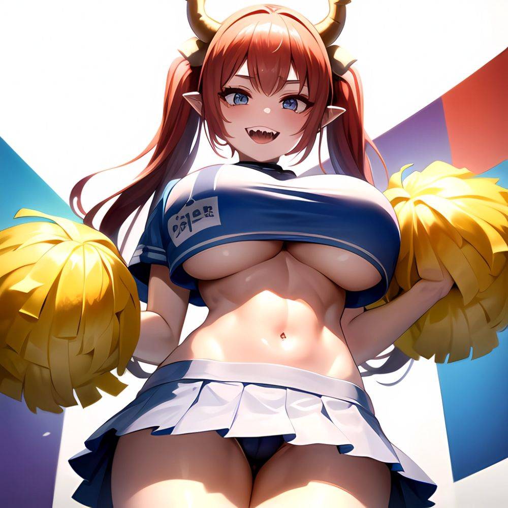 1girl Absurdres White Skirt Whitefrok Breasts Cheerleader Dragon Girl Dragon Horns Highres Holding Holding Pom Poms Horns Huge B, 2420756822 - AIHentai - #main