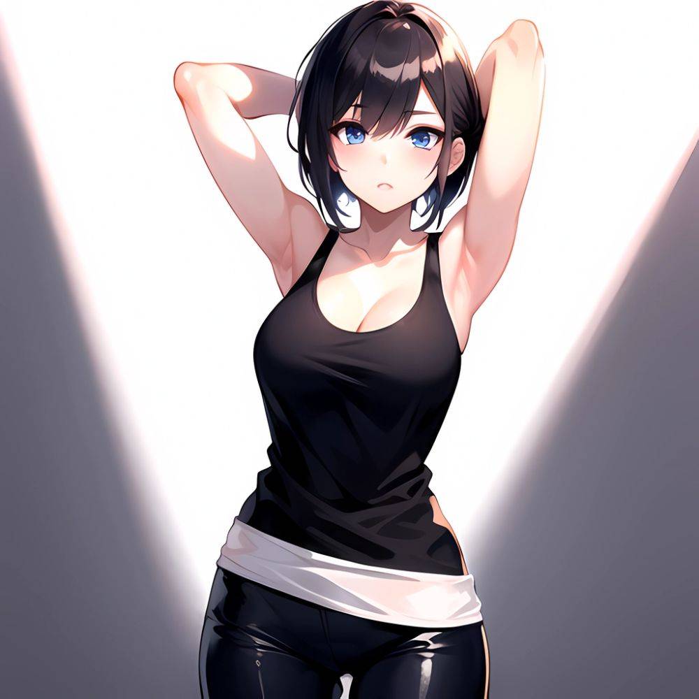 1girl Solo Tank Top Leggings Blue Eyes Standing Fully Clothed Pov Simple Background Arms Behind Head, 1442135660 - AIHentai - #main