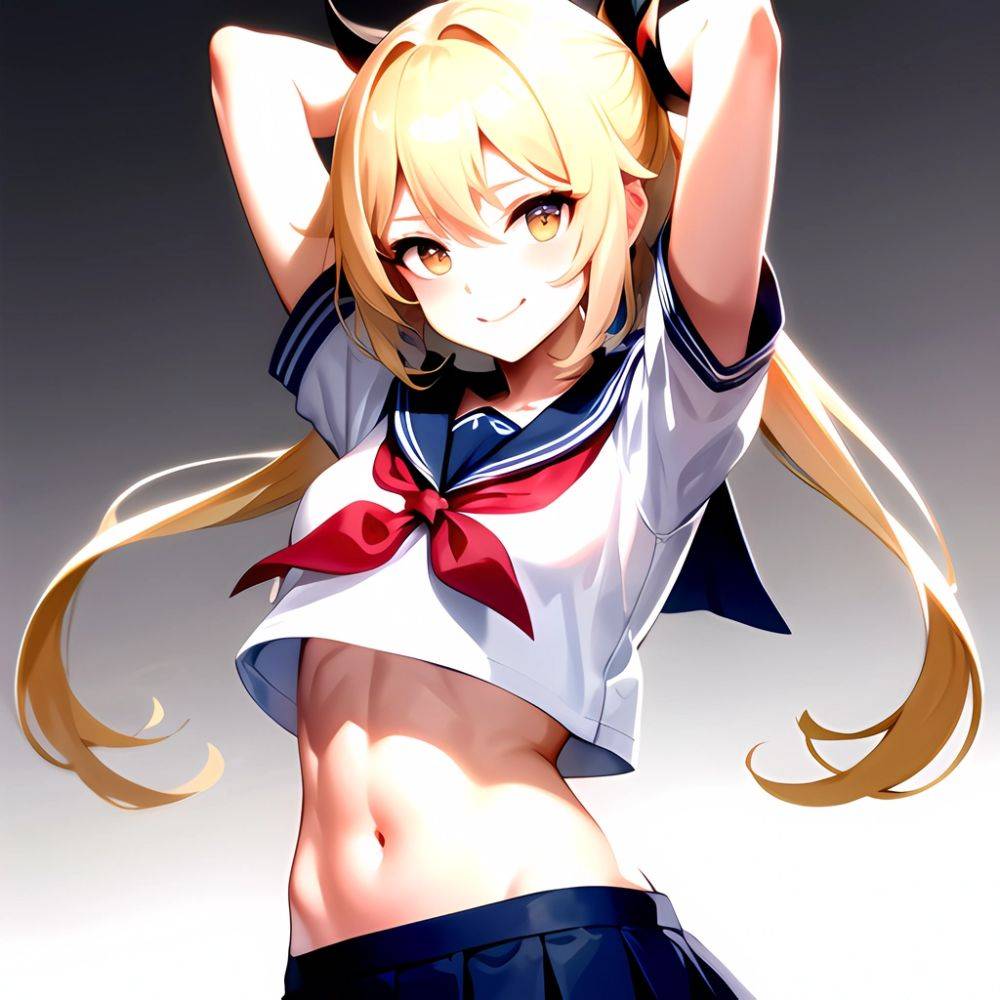 1girl Arms Up Arms Behind Head Blonde Hair Blue Skirt Bow Crop Top Crop Top Overhang Genshin Impact Gradient Background, 52958109 - AIHentai - #main