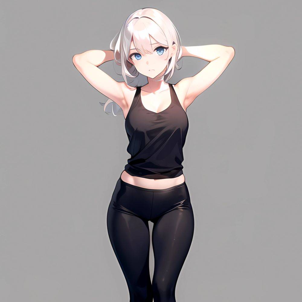 1girl Solo Tank Top Leggings Blue Eyes Standing Fully Clothed Pov Simple Background Arms Behind Head, 3714445368 - AIHentai - #main