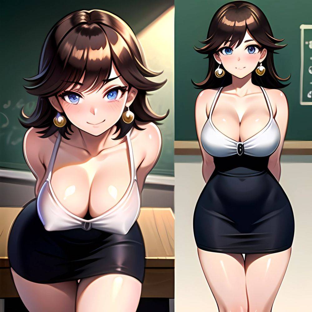 1girl Blue Eyes Blush Breasts Brown Hair Chalkboard Classroom Cleavage Crown Curvy Desk Earrings Highres Jewelry Large Breasts L, 3525786094 - AIHentai - #main