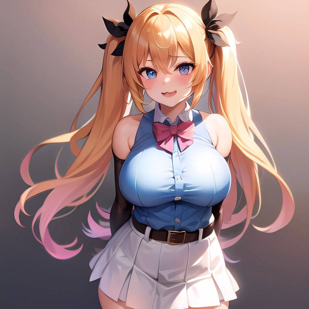 1girl Aymusk Belt White Skirt Blonde Hair Blue Eyes Blush Bow Bowtie Breasts Curvy Elbow Gloves Fang Gloves Gradient Background, 2840037598 - AIHentai - #main