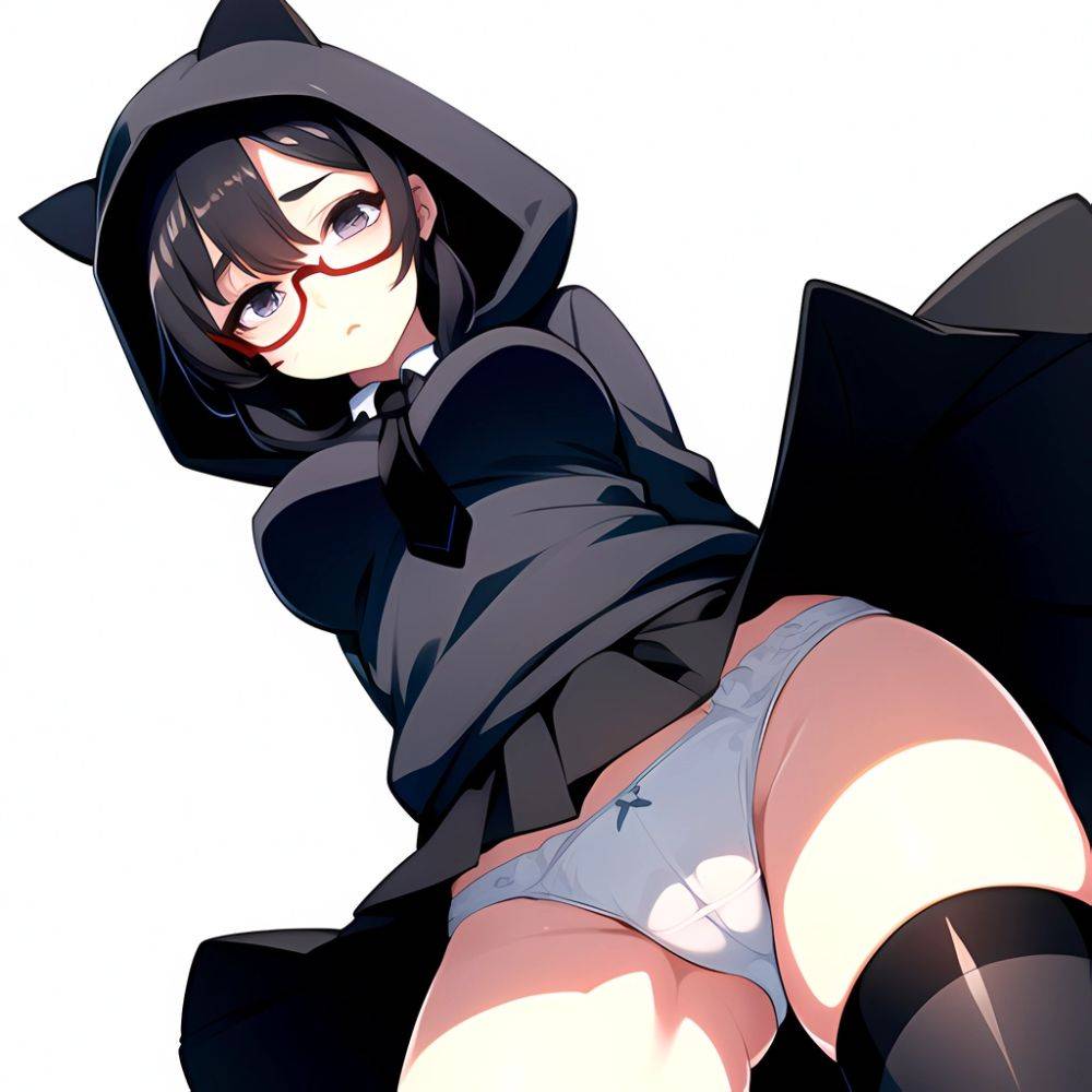 1girl Black Hair Black Necktie Black Thighhighs Breasts Cameltoe From Below Glasses Grey Eyes Grey Hoodie Highres Hood Hoodie Me, 843143581 - AIHentai - #main