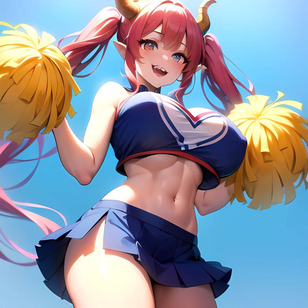 1girl Absurdres Blue Skirt Bluefrok Breasts Cheerleader Dragon Girl Dragon Horns Highres Holding Holding Pom Poms Horns Huge Bre, 2925208494 - AIHentai - #main