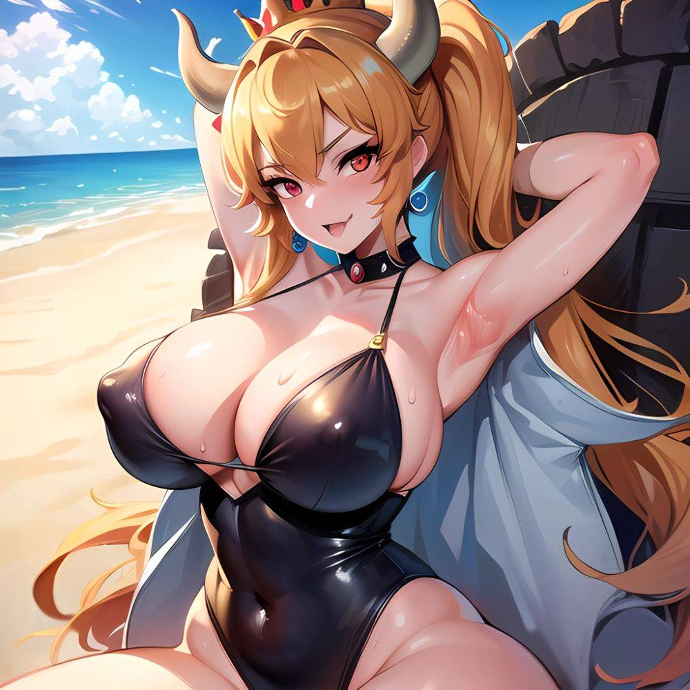 Masterpiece Best Quality Detailed 1 Girl Bowsette Large Breasts No Clothes Nipple Beach Looking At Viewer Beautiful Red Eyes Swe, 3245508822 - AIHentai - #main