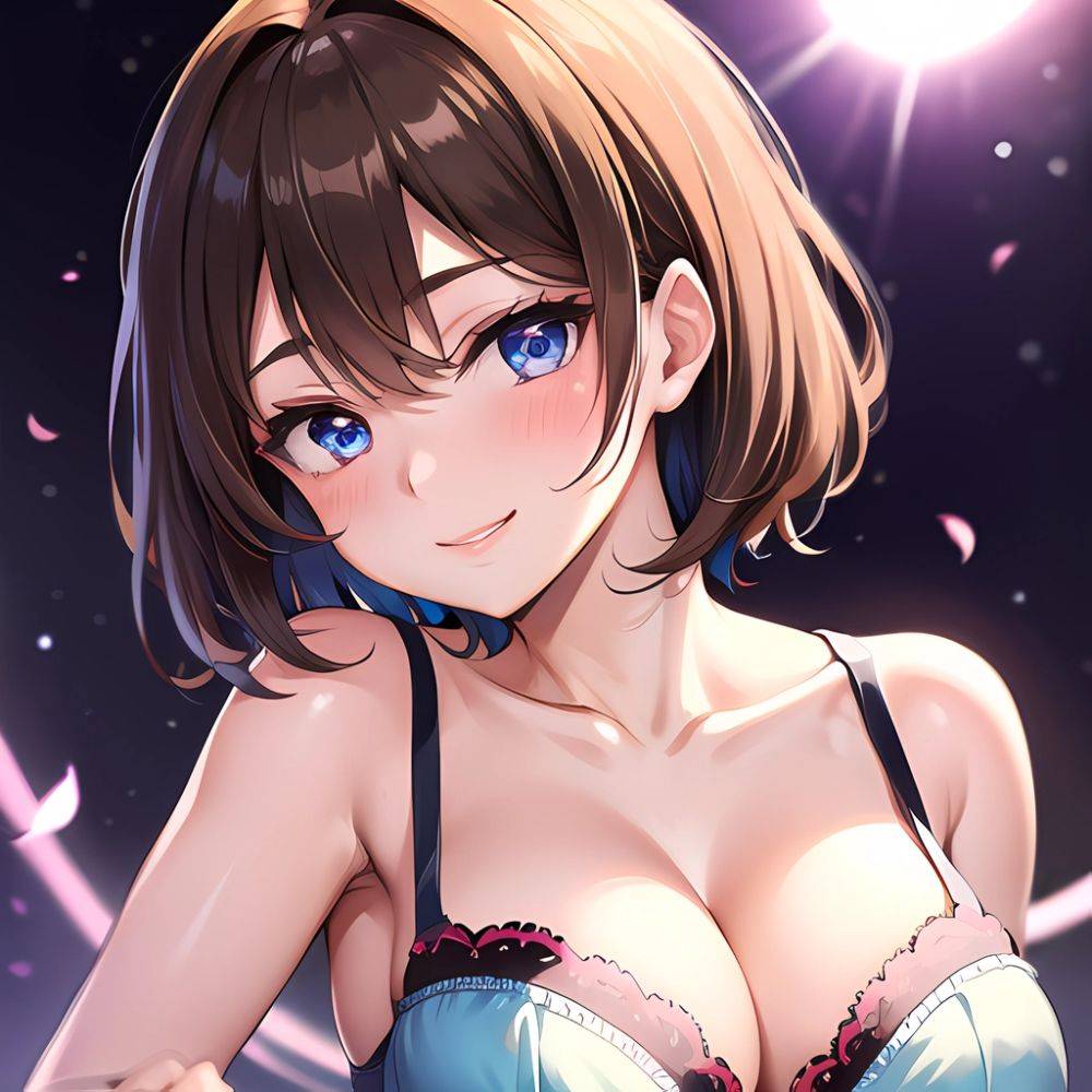 1girl Ai Generated Blue Eyes Blush Breasts Brown Hair Highres Large Breasts Light Smile Looking At Viewer Purple Background Shor, 1535800961 - AIHentai - #main