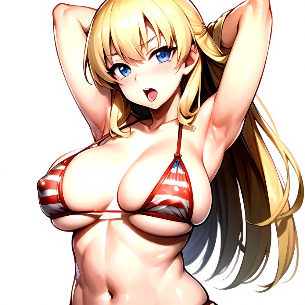 1girl American Flag Bikini Armpits Arms Behind Head Bikini Blonde Hair Blue Eyes Blush Breasts Covered Erect Nipples Flag Print, 2694536935 - AIHentai - #main