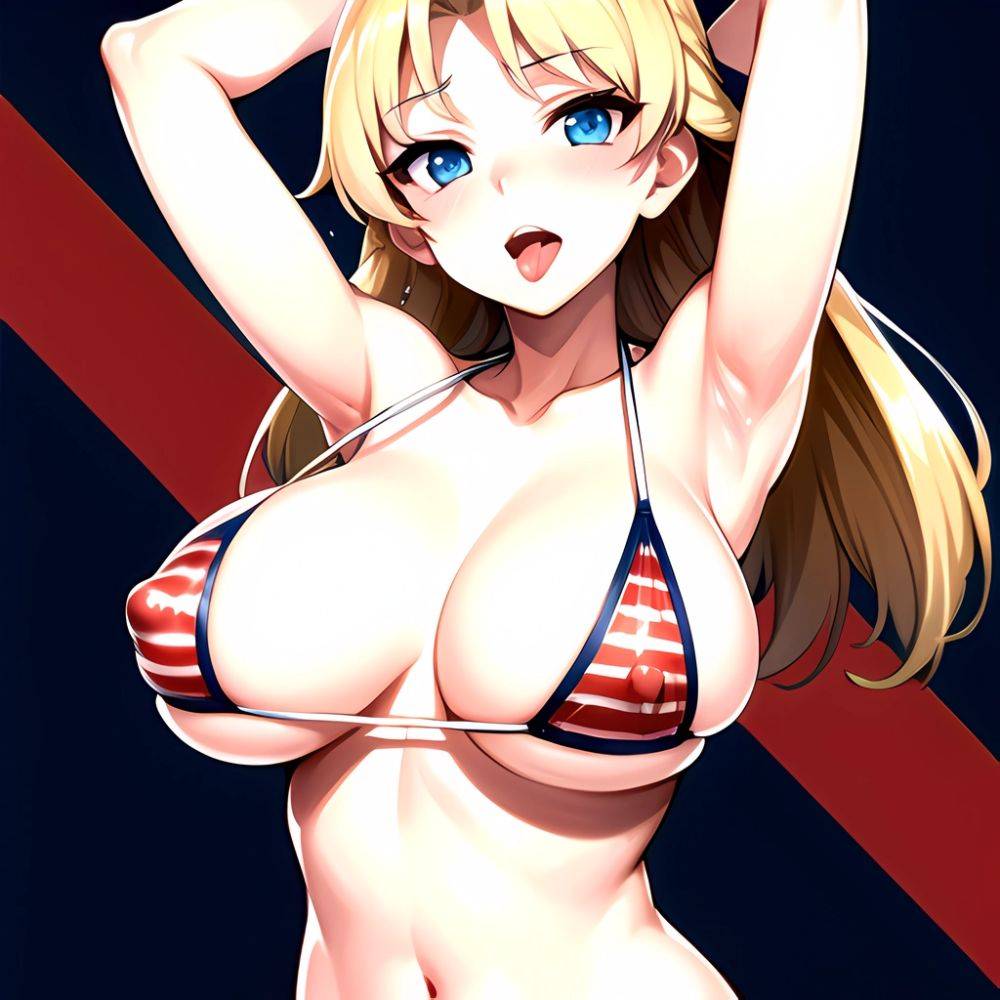 1girl American Flag Bikini Armpits Arms Behind Head Bikini Blonde Hair Blue Eyes Blush Breasts Covered Erect Nipples Flag Print, 1386345252 - AIHentai - #main