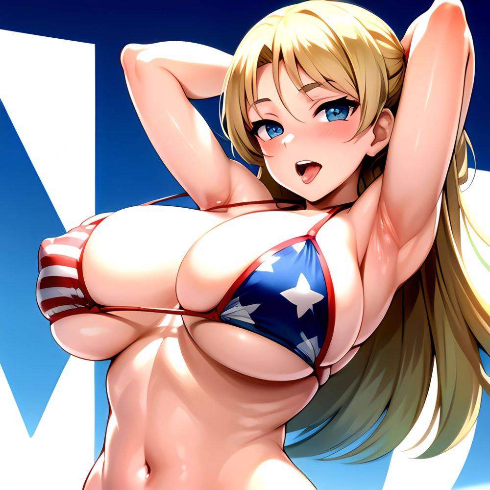 1girl American Flag Bikini Armpits Arms Behind Head Bikini Blonde Hair Blue Eyes Blush Breasts Covered Erect Nipples Flag Print, 2376883186 - AIHentai - #main