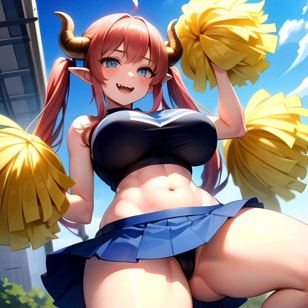 1girl Absurdres Blue Skirt Bluefrok Breasts Cheerleader Dragon Girl Dragon Horns Highres Holding Holding Pom Poms Horns Huge Bre, 2596384743 - AIHentai - #main