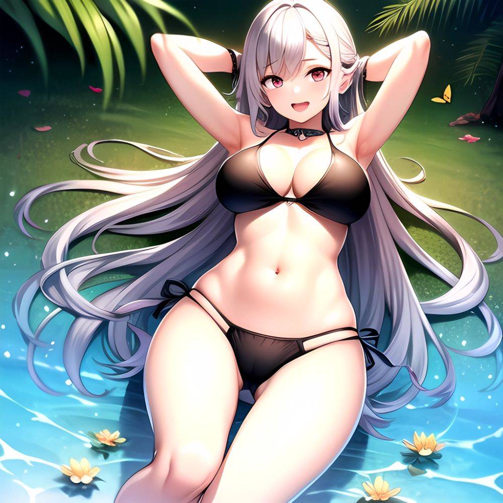 1girl D Bare Arms Bare Shoulders Bikini Black Bikini Breasts Bug Butterfly Butterfly Hair Ornament Choker Cleavage Feet Out Of, 571139005 - AIHentai - #main