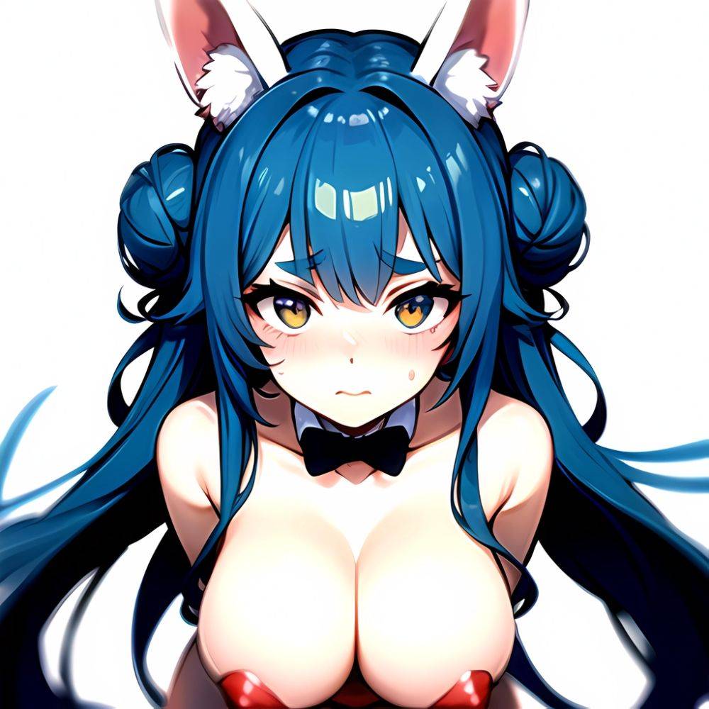 1girl Alternate Breast Size Animal Ear Fluff Animal Ears Blue Hair Blush Breasts Double Bun Embarrassed Hair Bun Haro Art, 488956553 - AIHentai - #main