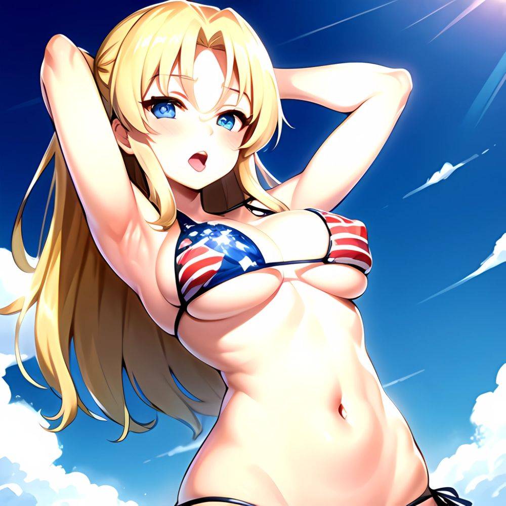 1girl American Flag Bikini Armpits Arms Behind Head Bikini Blonde Hair Blue Eyes Blush Breasts Covered Erect Nipples Flag Print, 1846877875 - AIHentai - #main