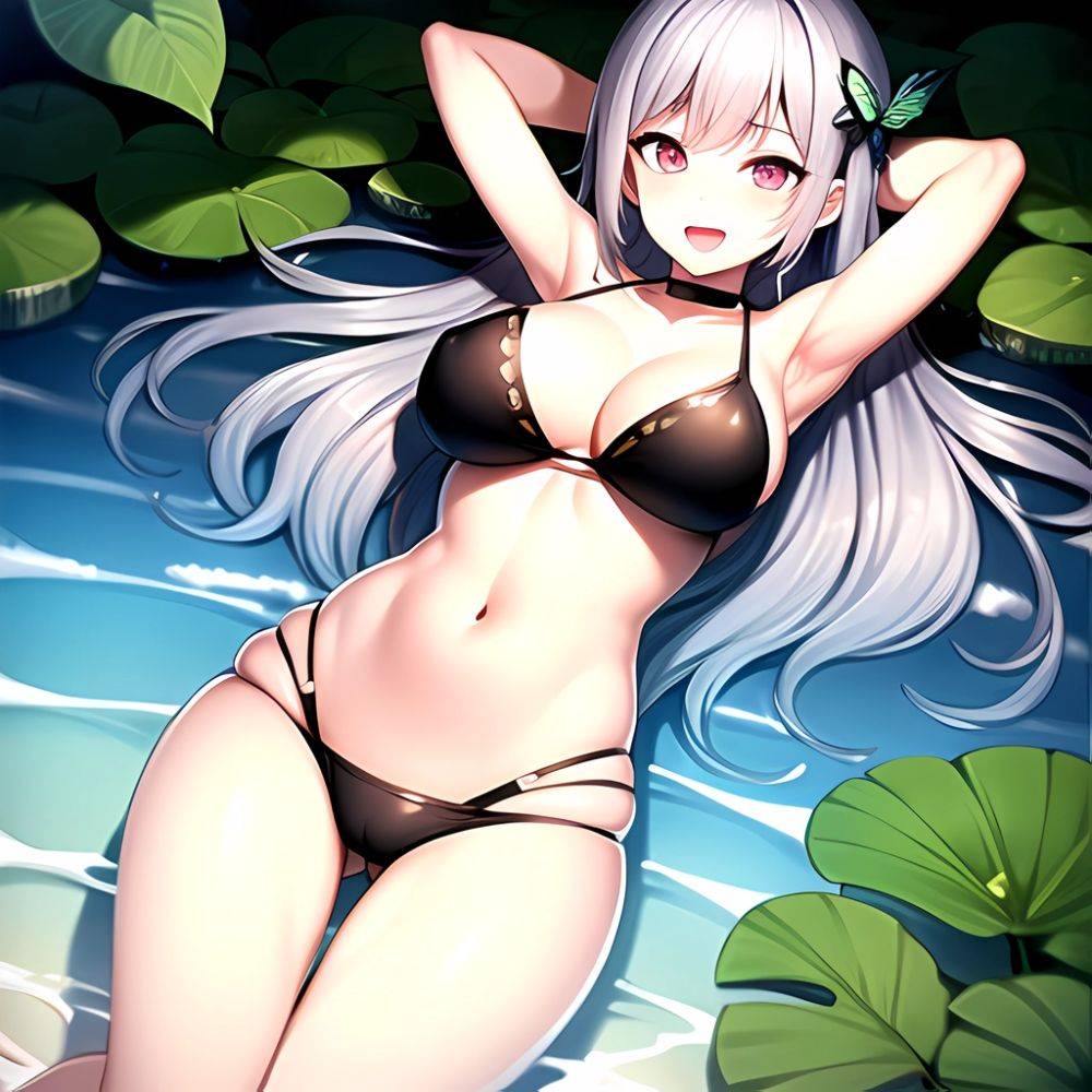 1girl D Bare Arms Bare Shoulders Bikini Black Bikini Breasts Bug Butterfly Butterfly Hair Ornament Choker Cleavage Feet Out Of, 1079407341 - AIHentai - #main