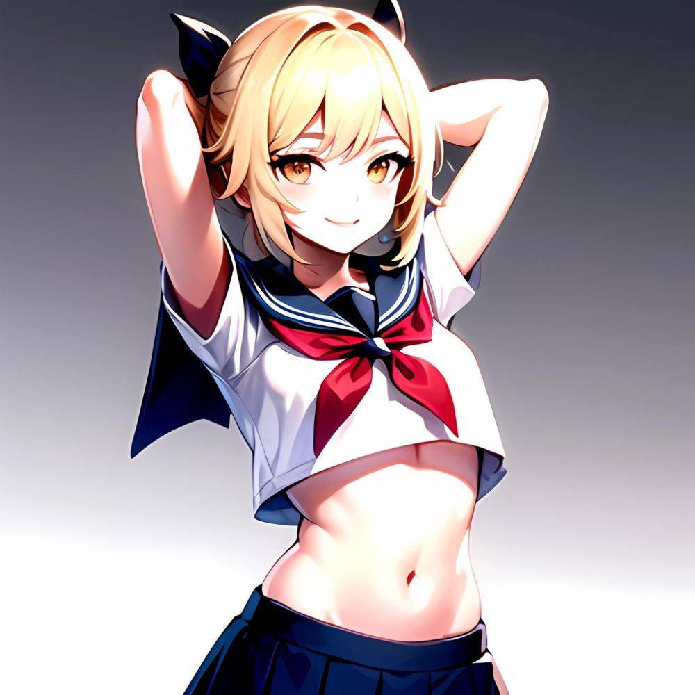 1girl Arms Up Arms Behind Head Blonde Hair Blue Skirt Bow Crop Top Crop Top Overhang Genshin Impact Gradient Background, 2489401241 - AIHentai - #main