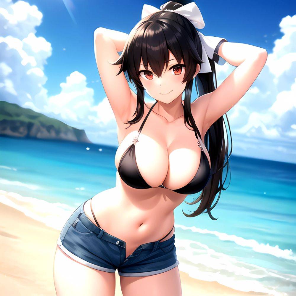 1girl Arms Behind Head Armpits Beach Bikini Bikini Under Shorts Black Bikini Black Hair Blurry Blurry Background Breasts Cleavag, 1657530659 - AIHentai - #main