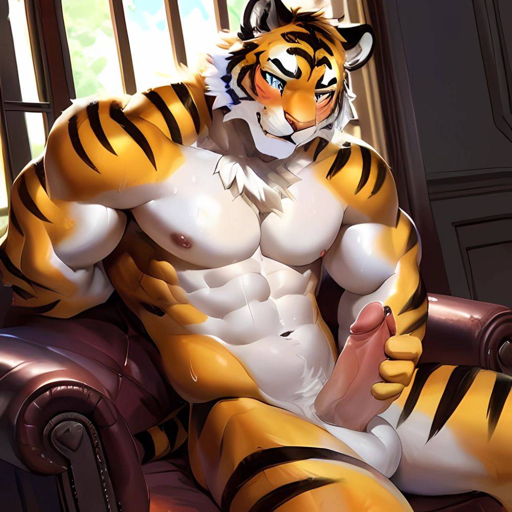 Kemono Bara Solo Anthro Male Tiger Golden Body Sitting Posing Naked Big Penis Sweat Drops Very Huge Muscles Very Large, 3523883372 - AIHentai - #main