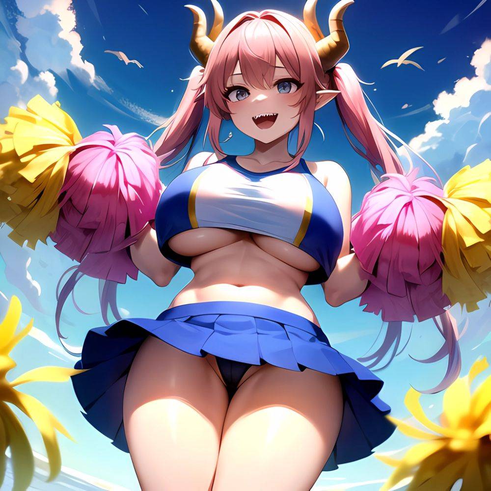 1girl Absurdres Blue Skirt Bluefrok Breasts Cheerleader Dragon Girl Dragon Horns Highres Holding Holding Pom Poms Horns Huge Bre, 1974155040 - AIHentai - #main