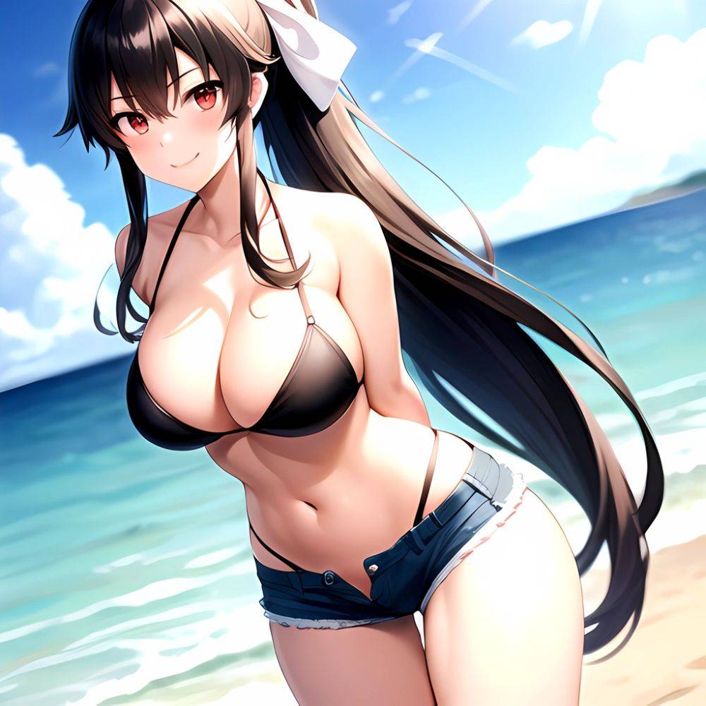 1girl Arms Behind Back Beach Bikini Bikini Under Shorts Black Bikini Black Hair Blurry Blurry Background Breasts Cleavage Closed, 936165194 - AIHentai - #main