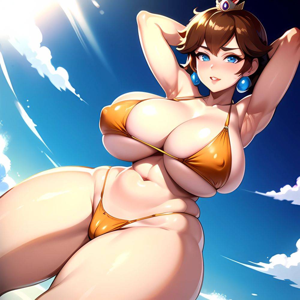 1girl Areola Slip Armpits Arms Behind Head Bikini Blue Eyes Blush Breasts Brown Hair Cleavage Huge Breasts Legs Mario Series, 2002819452 - AIHentai - #main