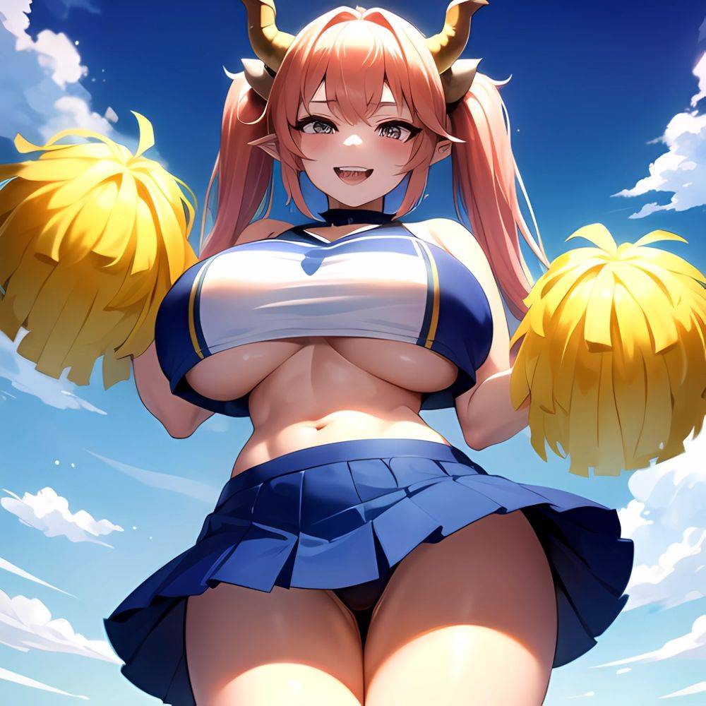 1girl Absurdres Blue Skirt Bluefrok Breasts Cheerleader Dragon Girl Dragon Horns Highres Holding Holding Pom Poms Horns Huge Bre, 1792603425 - AIHentai - #main