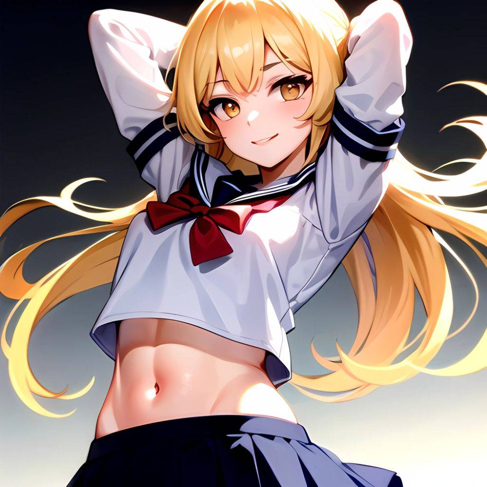 1girl Arms Up Arms Behind Head Blonde Hair Blue Skirt Bow Crop Top Crop Top Overhang Genshin Impact Gradient Background, 2916829967 - AIHentai - #main