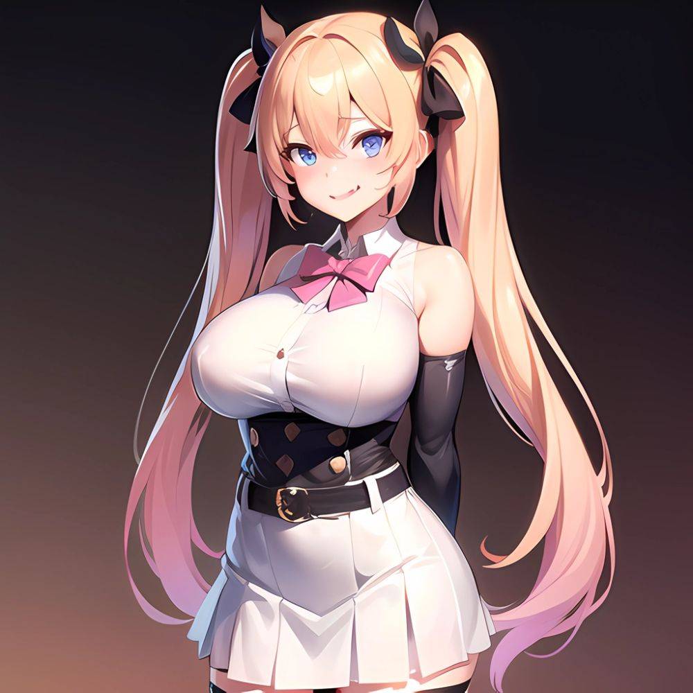 1girl Aymusk Belt White Skirt Blonde Hair Blue Eyes Blush Bow Bowtie Breasts Curvy Elbow Gloves Fang Gloves Gradient Background, 567926423 - AIHentai - #main