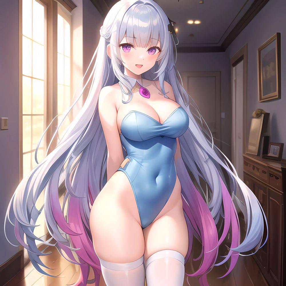 1girl Absurdres Bare Shoulders Batta 16 Sei Between Breasts Blue Hair Blunt Bangs Breasts Covered Navel Gem Gradient Hair Hair, 2043134950 - AIHentai - #main