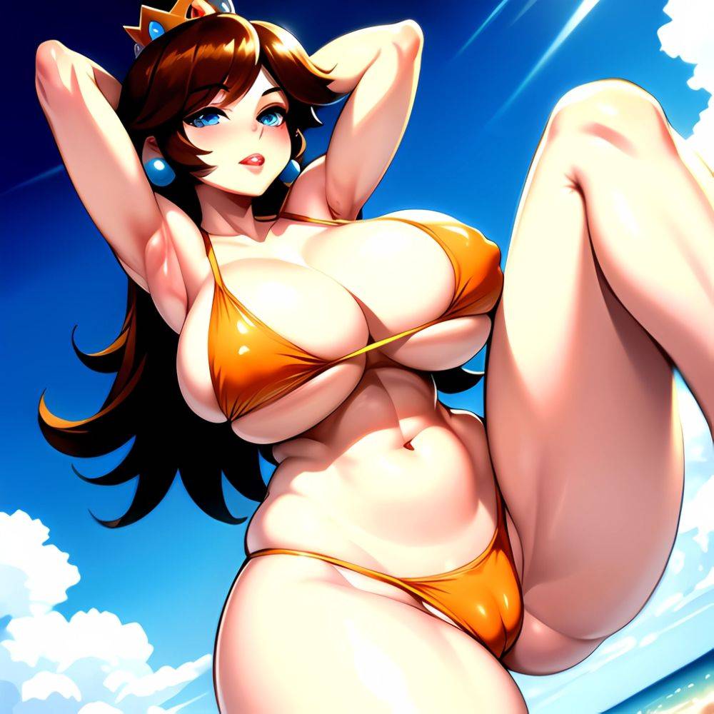 1girl Areola Slip Armpits Arms Behind Head Bikini Blue Eyes Blush Breasts Brown Hair Cleavage Huge Breasts Legs Mario Series, 150272777 - AIHentai - #main