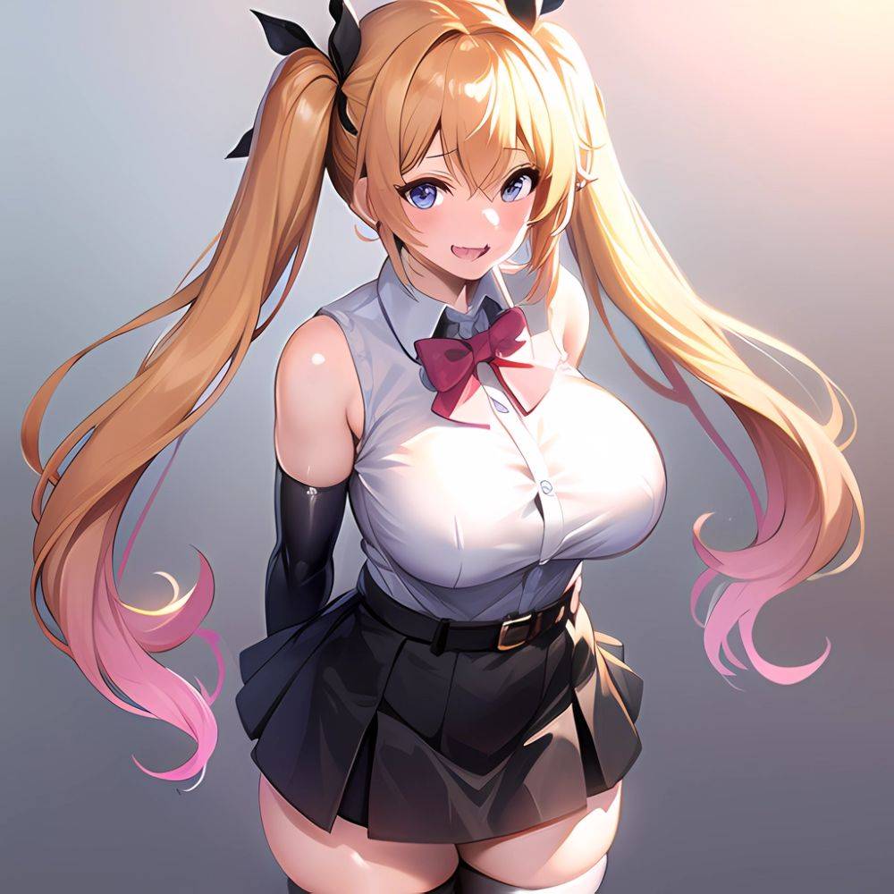 1girl Aymusk Belt Black Skirt Blonde Hair Blue Eyes Blush Bow Bowtie Breasts Curvy Elbow Gloves Fang Gloves Gradient Background, 1824059441 - AIHentai - #main