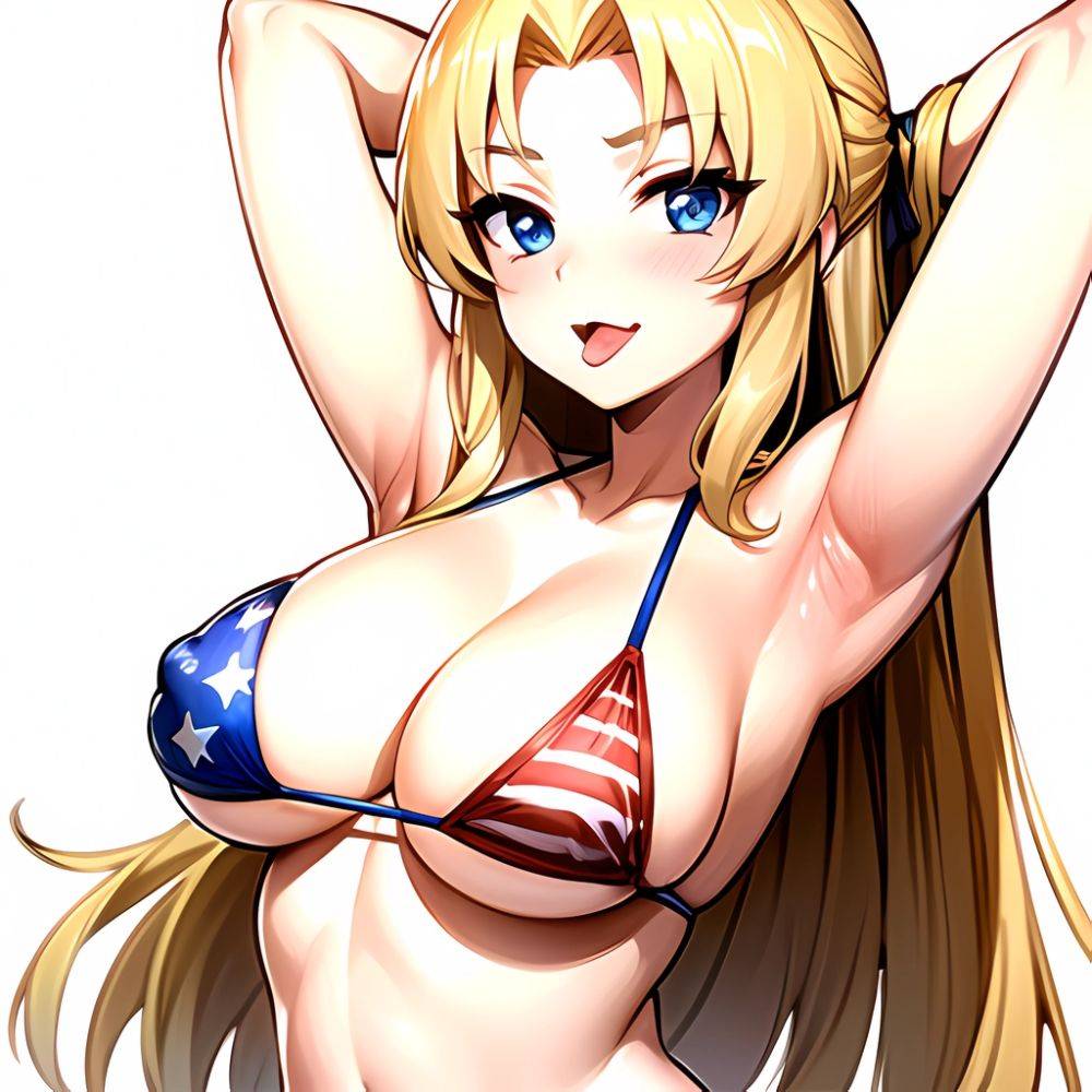 1girl American Flag Bikini Armpits Arms Behind Head Bikini Blonde Hair Blue Eyes Blush Breasts Covered Erect Nipples Flag Print, 167730960 - AIHentai - #main