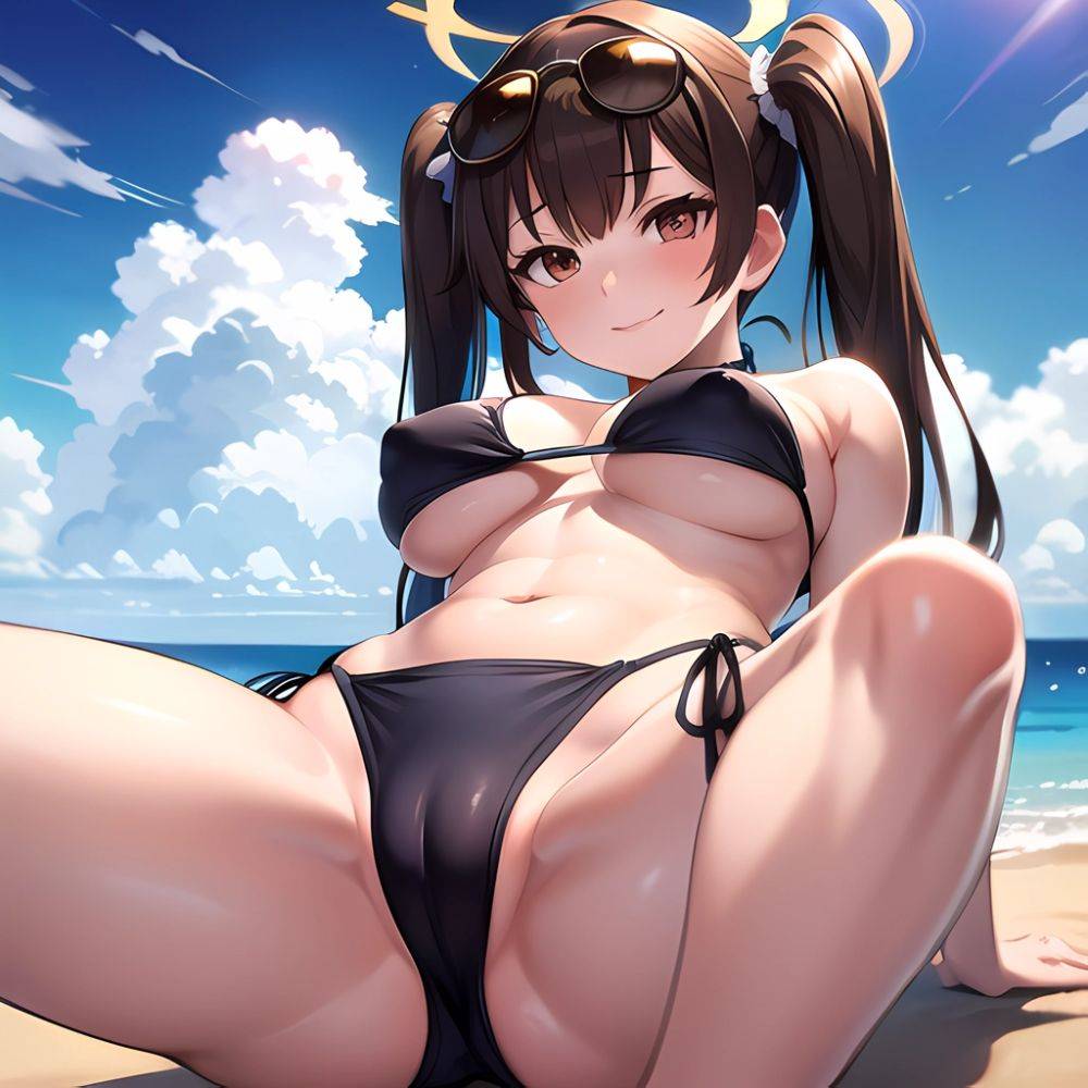 1girl Bikini Black Bikini Blue Archive Blue Sky Breasts Brown Eyes Brown Hair Closed Mouth Clothes Lift Cloud Covered Nipples, 613191350 - AIHentai - #main