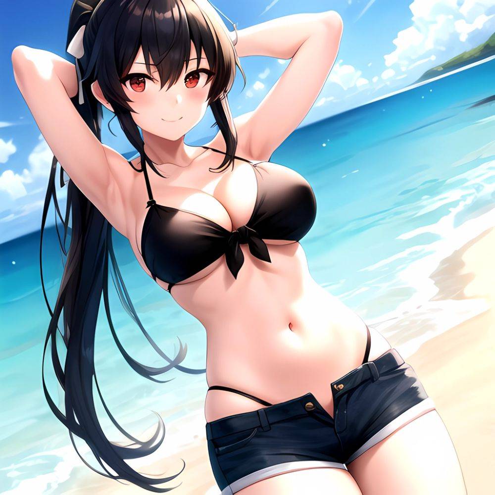 1girl Arms Behind Head Armpits Beach Bikini Bikini Under Shorts Black Bikini Black Hair Blurry Blurry Background Breasts Cleavag, 3104942692 - AIHentai - #main