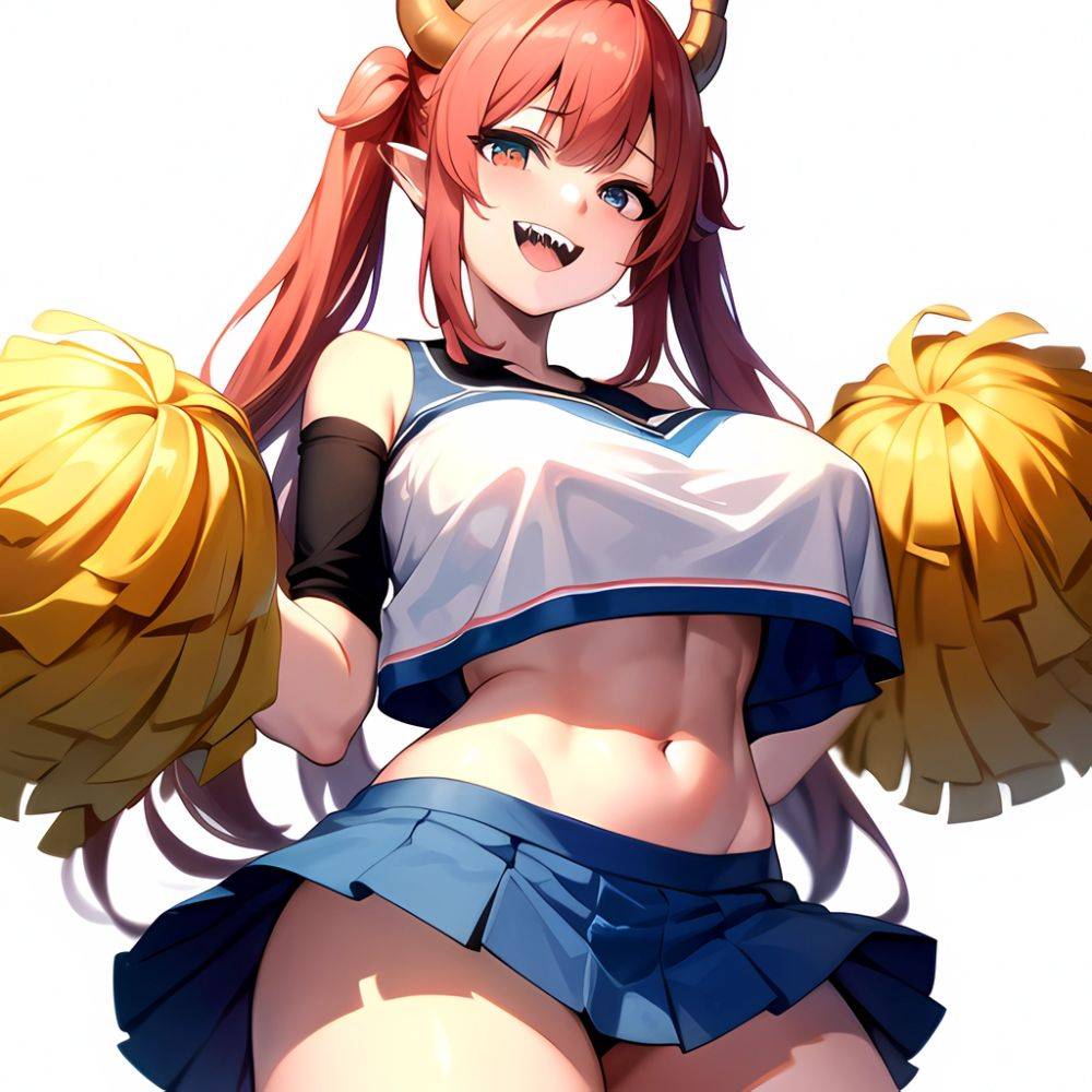 1girl Absurdres Blue Skirt Bluefrok Breasts Cheerleader Dragon Girl Dragon Horns Highres Holding Holding Pom Poms Horns Huge Bre, 4090584622 - AIHentai - #main