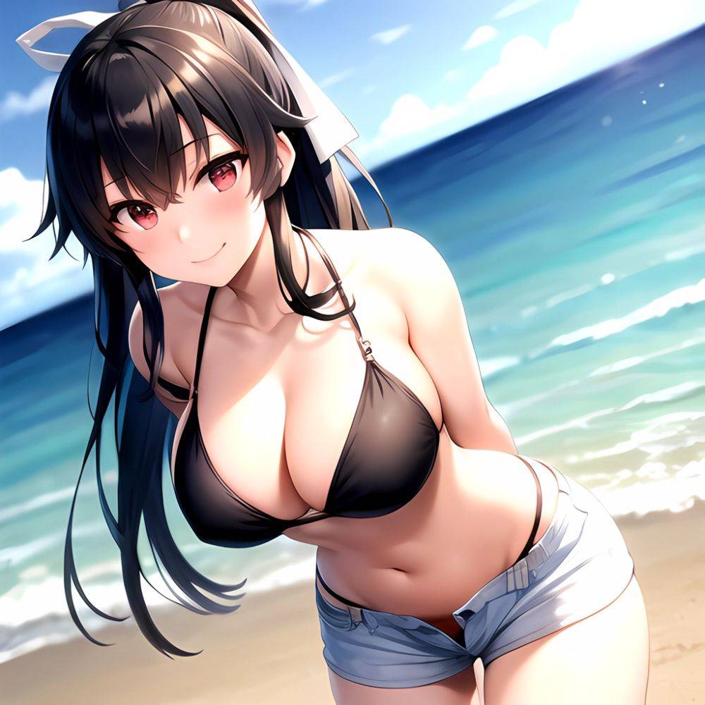 1girl Arms Behind Back Beach Bikini Bikini Under Shorts Black Bikini Black Hair Blurry Blurry Background Breasts Cleavage Closed, 2081906598 - AIHentai - #main